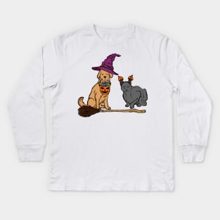 Halloween Dog & Cat Witch Animal Friends Kids Long Sleeve T-Shirt